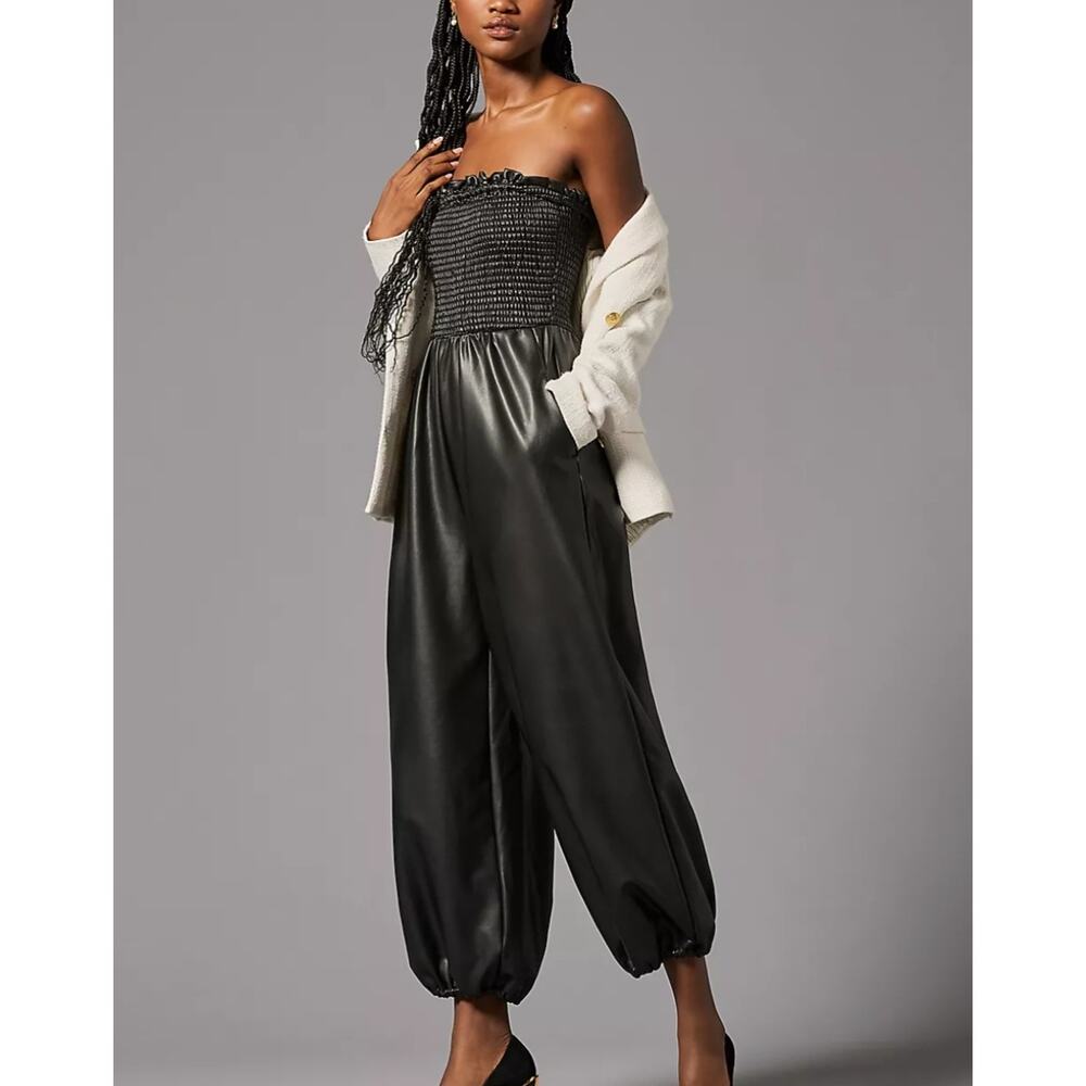 By Anthropologie Black Faux Leather Balloon Strapless Jumpsuit NWT Small Tall